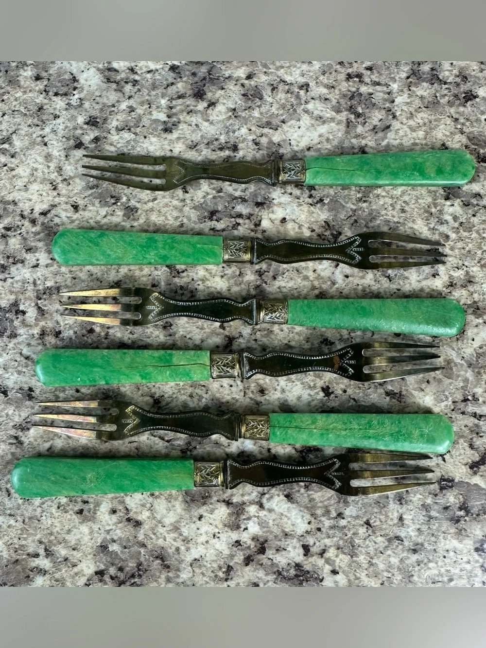 Set of 12 Antique French Vermeil Green Handle Fruit Service Flatware Fork Knife